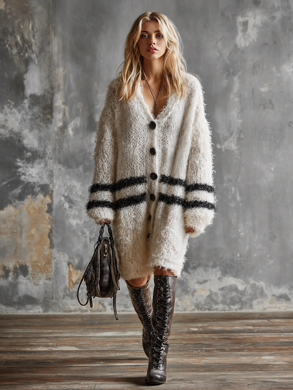Chic Elegant Off-White V-Neck Single-Breasted Contrast Stripes Long-Sleeve Loose-Fit Fuzzy Knit Midi Dress