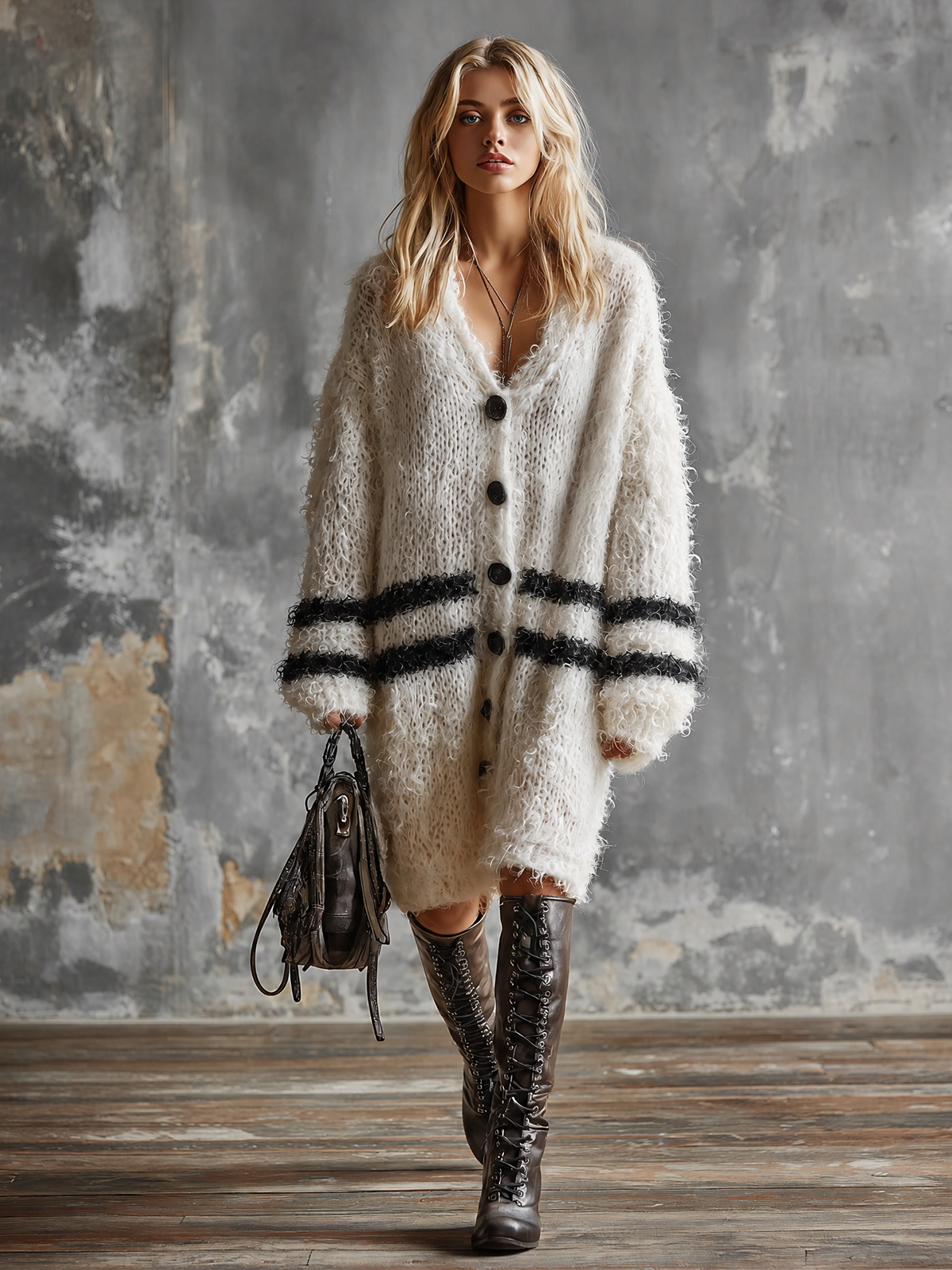 Chic Elegant Off-White V-Neck Single-Breasted Contrast Stripes Long-Sleeve Loose-Fit Fuzzy Knit Midi Dress