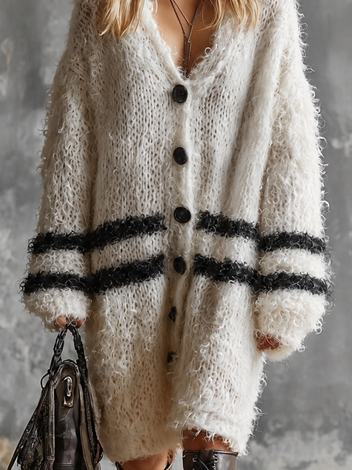 Chic Elegant Off-White V-Neck Single-Breasted Contrast Stripes Long-Sleeve Loose-Fit Fuzzy Knit Midi Dress