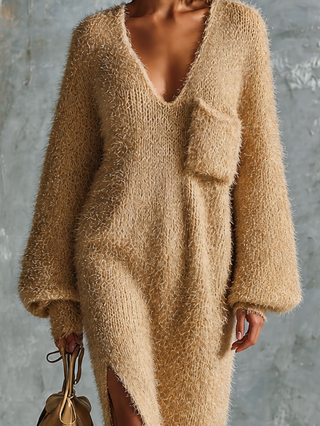 Chic Elegant Camel V-Neck Front Patch Pocket Long-Sleeve Loose-Fit Side Slit Fuzzy Knit Midi Dress