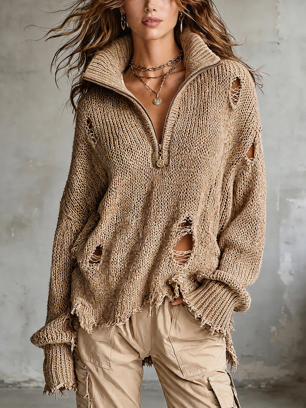 Chic Casual Camel Zip-Up Stand-Collar Dropped Shoulder Long-Sleeve Distressed Raw-Edge Detail Loose-Fit Knit Sweater