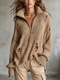 Chic Casual Camel Zip-Up Stand-Collar Dropped Shoulder Long-Sleeve Distressed Raw-Edge Detail Loose-Fit Knit Sweater