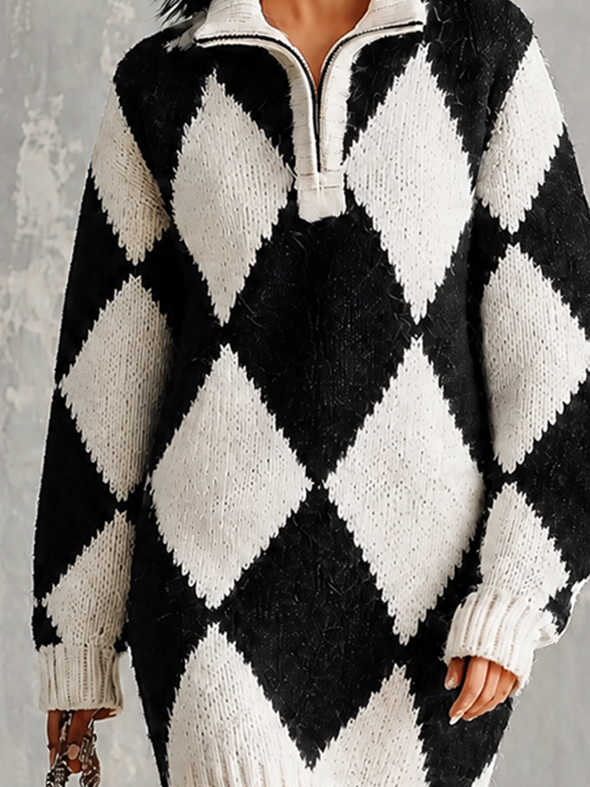 Chic Elegant Black-White Argyle Diamond Jacquard Lapel Collar Zipper-Up Long-Sleeve Loose-Fit Knit Mini Dress