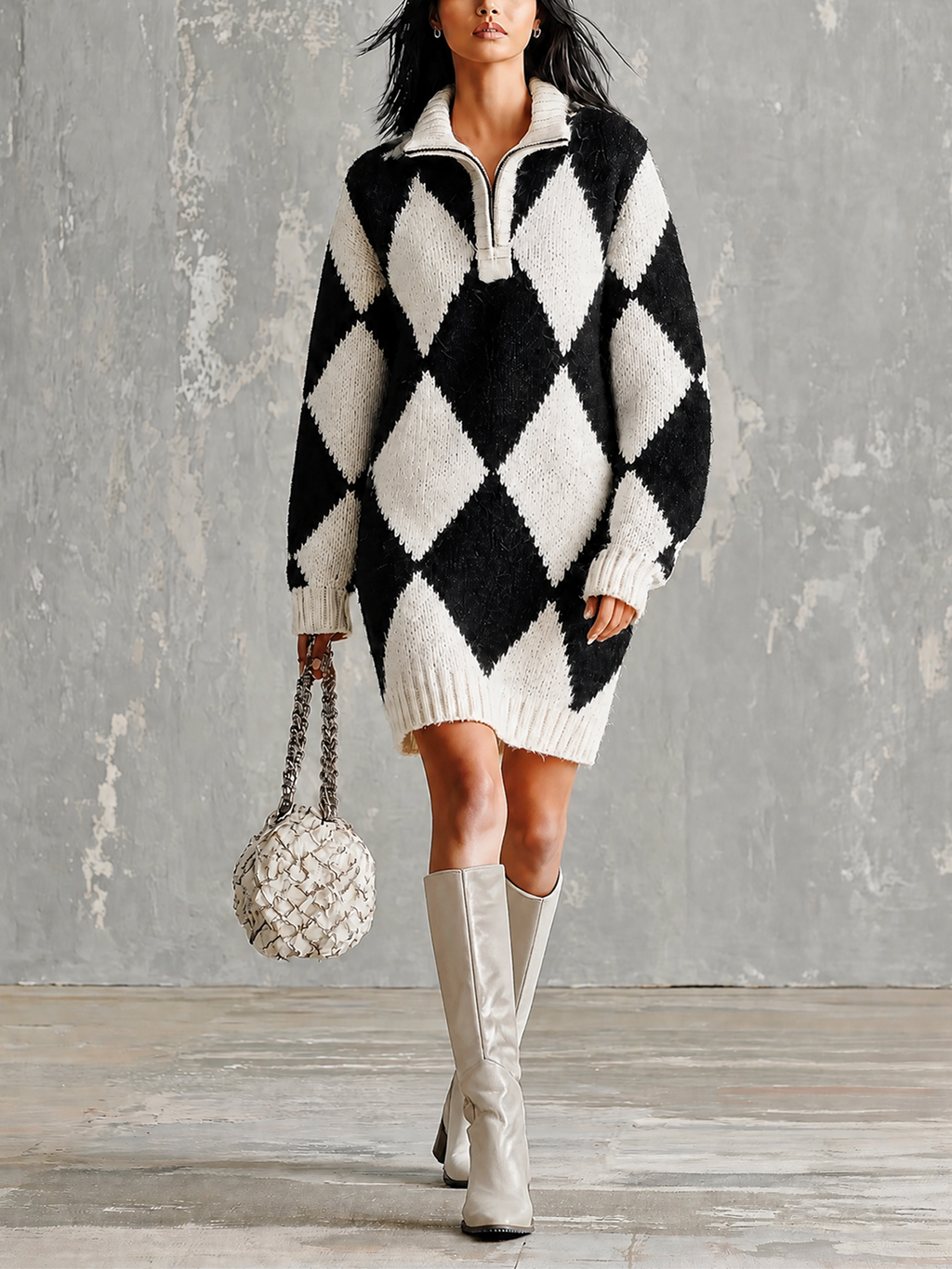 Chic Elegant Black-White Argyle Diamond Jacquard Lapel Collar Zipper-Up Long-Sleeve Loose-Fit Knit Mini Dress
