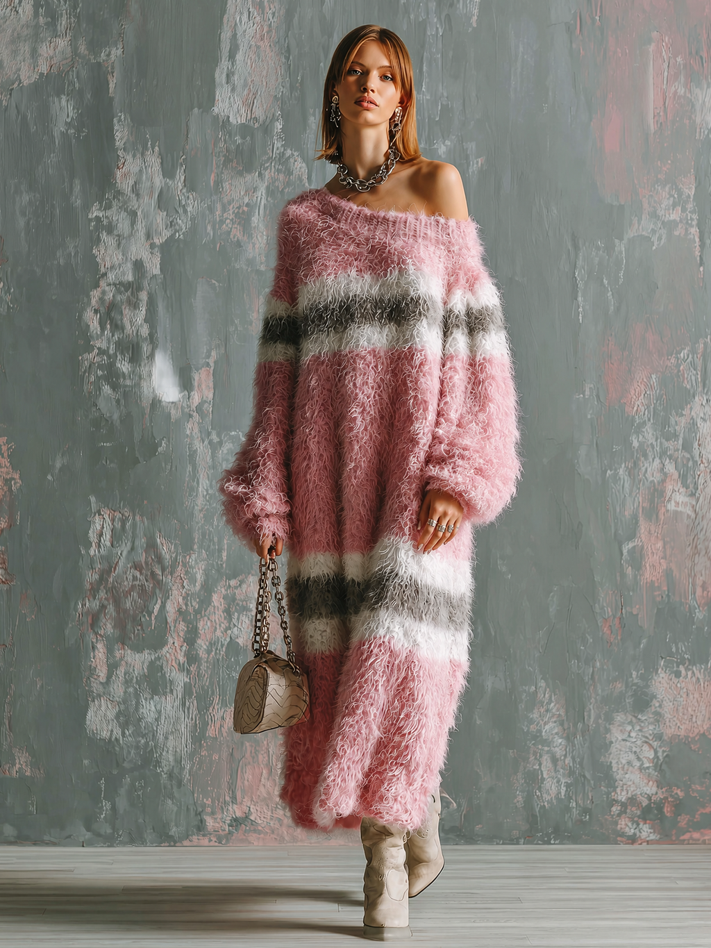 Chic Elegant Pink-White-Charcoal Gray Colorblock Stripes Off Shoulder Long-Sleeve Loose-Fit Knit Maxi Dress