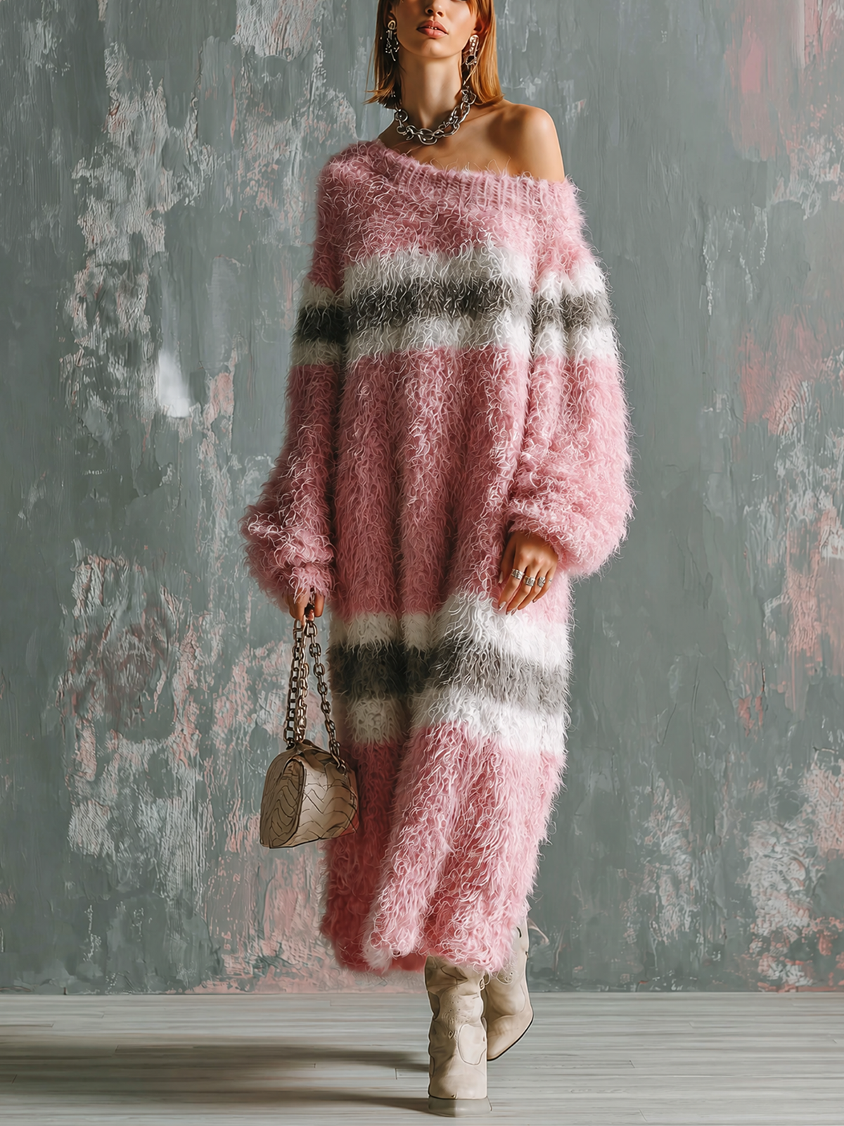 Chic Elegant Pink-White-Charcoal Gray Colorblock Stripes Off Shoulder Long-Sleeve Loose-Fit Knit Maxi Dress