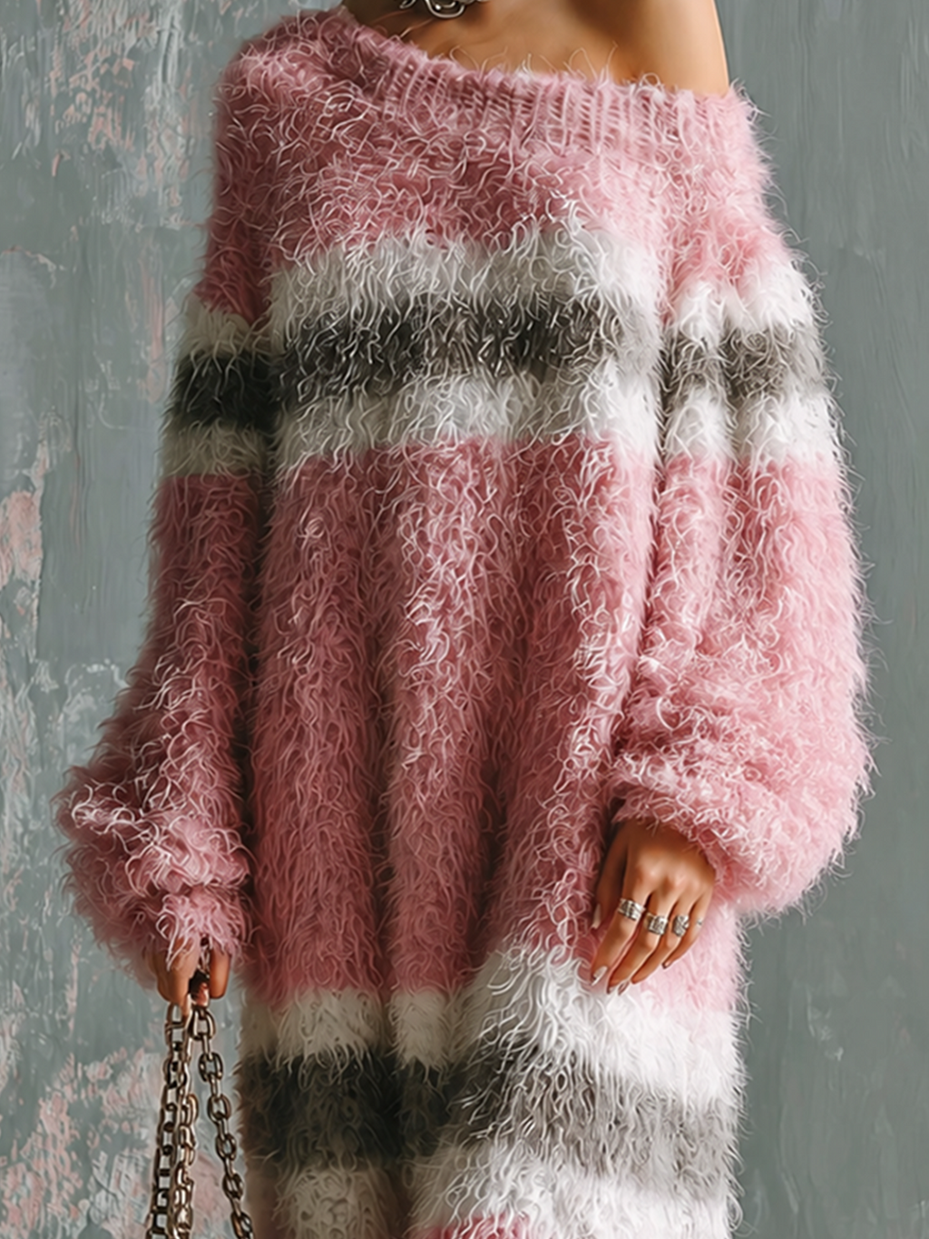 Chic Elegant Pink-White-Charcoal Gray Colorblock Stripes Off Shoulder Long-Sleeve Loose-Fit Knit Maxi Dress