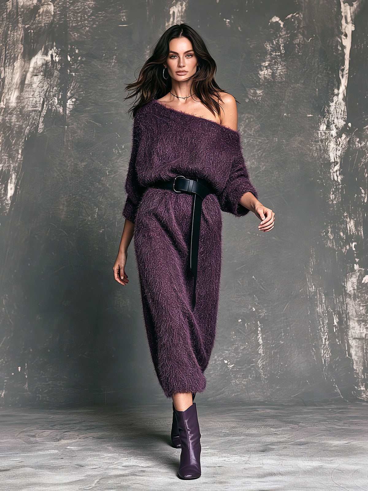 Chic Elegant Purple One-Shoulder Three-Quarter Sleeve Belted Loose-Fit Soft Fuzzy Knit Midi Dress