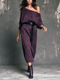 Chic Elegant Purple One-Shoulder Three-Quarter Sleeve Belted Loose-Fit Soft Fuzzy Knit Midi Dress