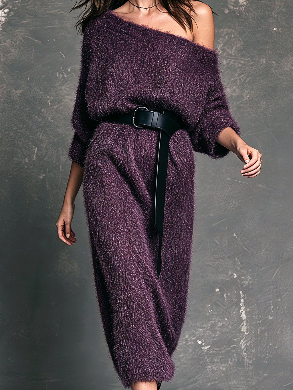 Chic Elegant Purple One-Shoulder Three-Quarter Sleeve Belted Loose-Fit Soft Fuzzy Knit Midi Dress
