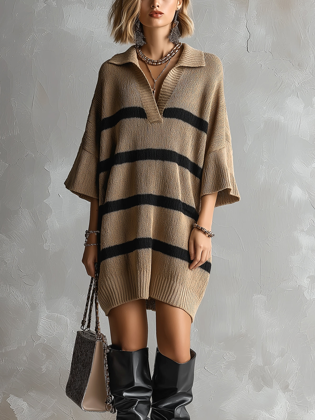 Chic Elegant Camel-Black Stripes Lapel V-Neck Dropped Shoulder Three-Quarter Sleeve Oversize Knit Mini Dress