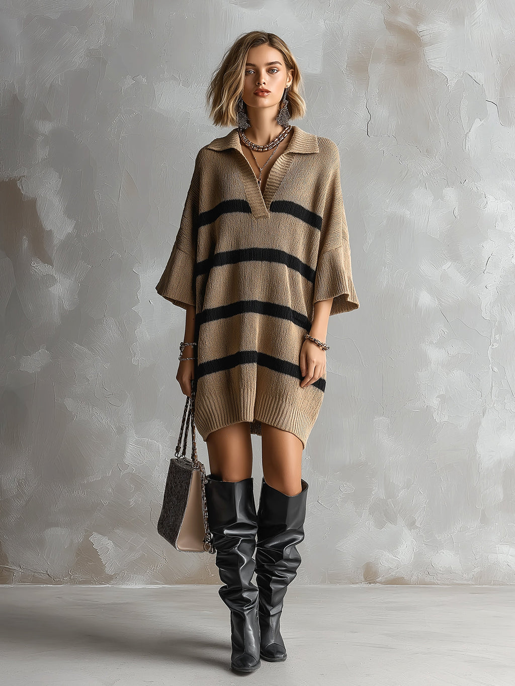 Chic Elegant Camel-Black Stripes Lapel V-Neck Dropped Shoulder Three-Quarter Sleeve Oversize Knit Mini Dress