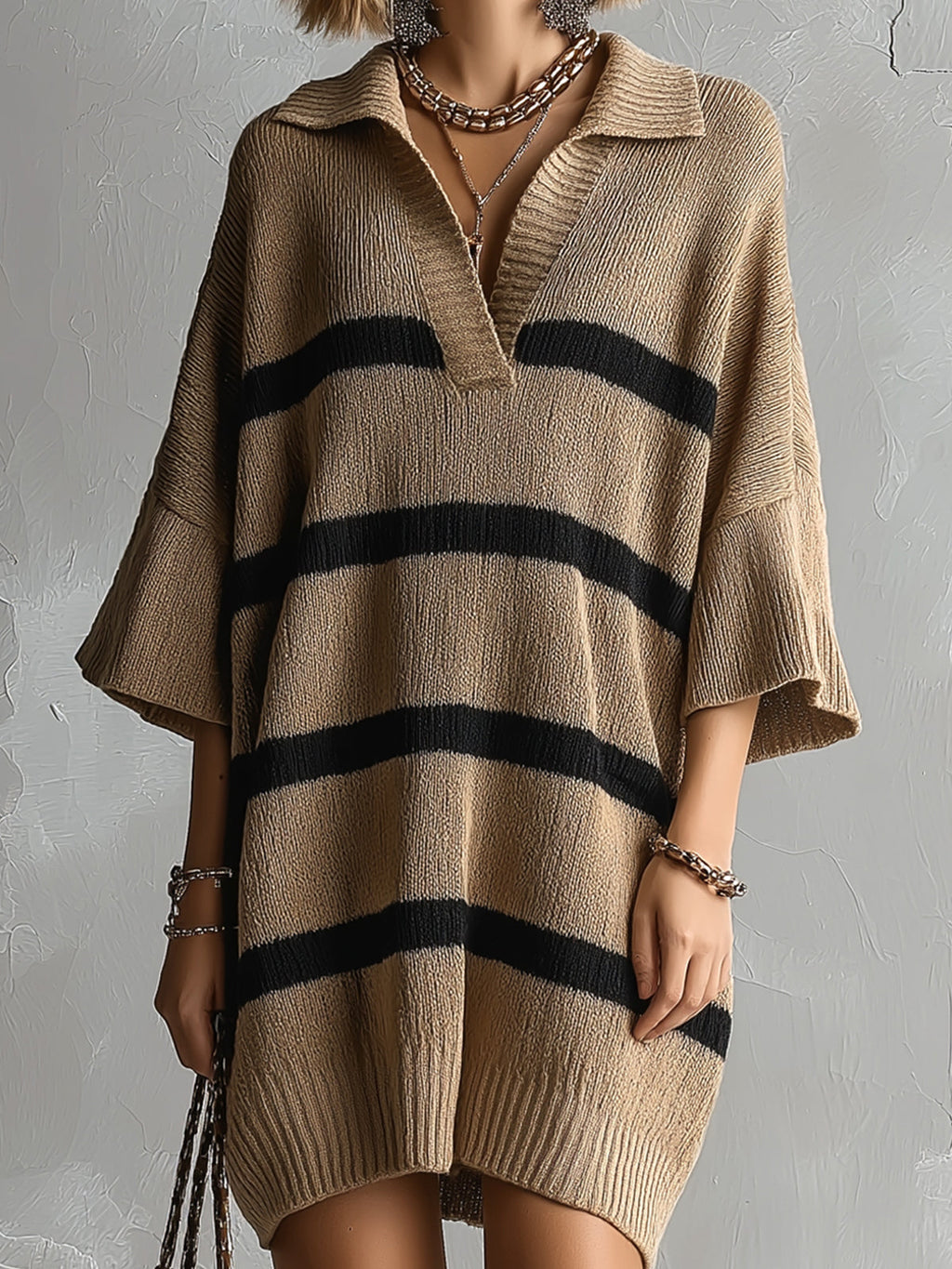 Chic Elegant Camel-Black Stripes Lapel V-Neck Dropped Shoulder Three-Quarter Sleeve Oversize Knit Mini Dress