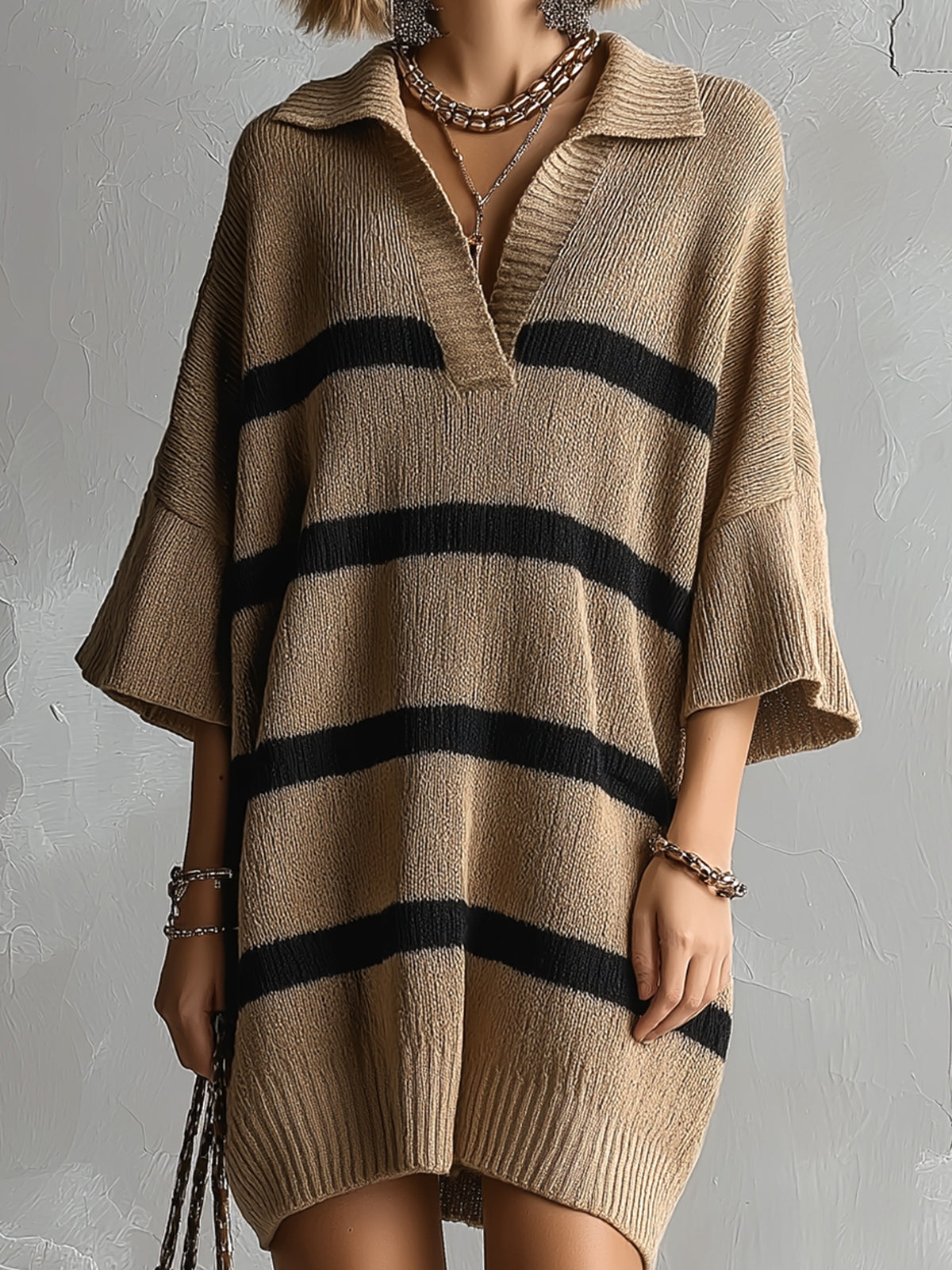 Chic Elegant Camel-Black Stripes Lapel V-Neck Dropped Shoulder Three-Quarter Sleeve Oversize Knit Mini Dress