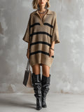 Chic Elegant Camel-Black Stripes Lapel V-Neck Dropped Shoulder Three-Quarter Sleeve Oversize Knit Mini Dress