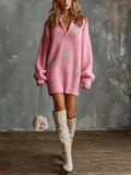 Chic Elegant Pink Stand Collar V-Neck Long-Lantern-Sleeve Stars Jacquard Loose-Fit A-Line Knit Mini Dress