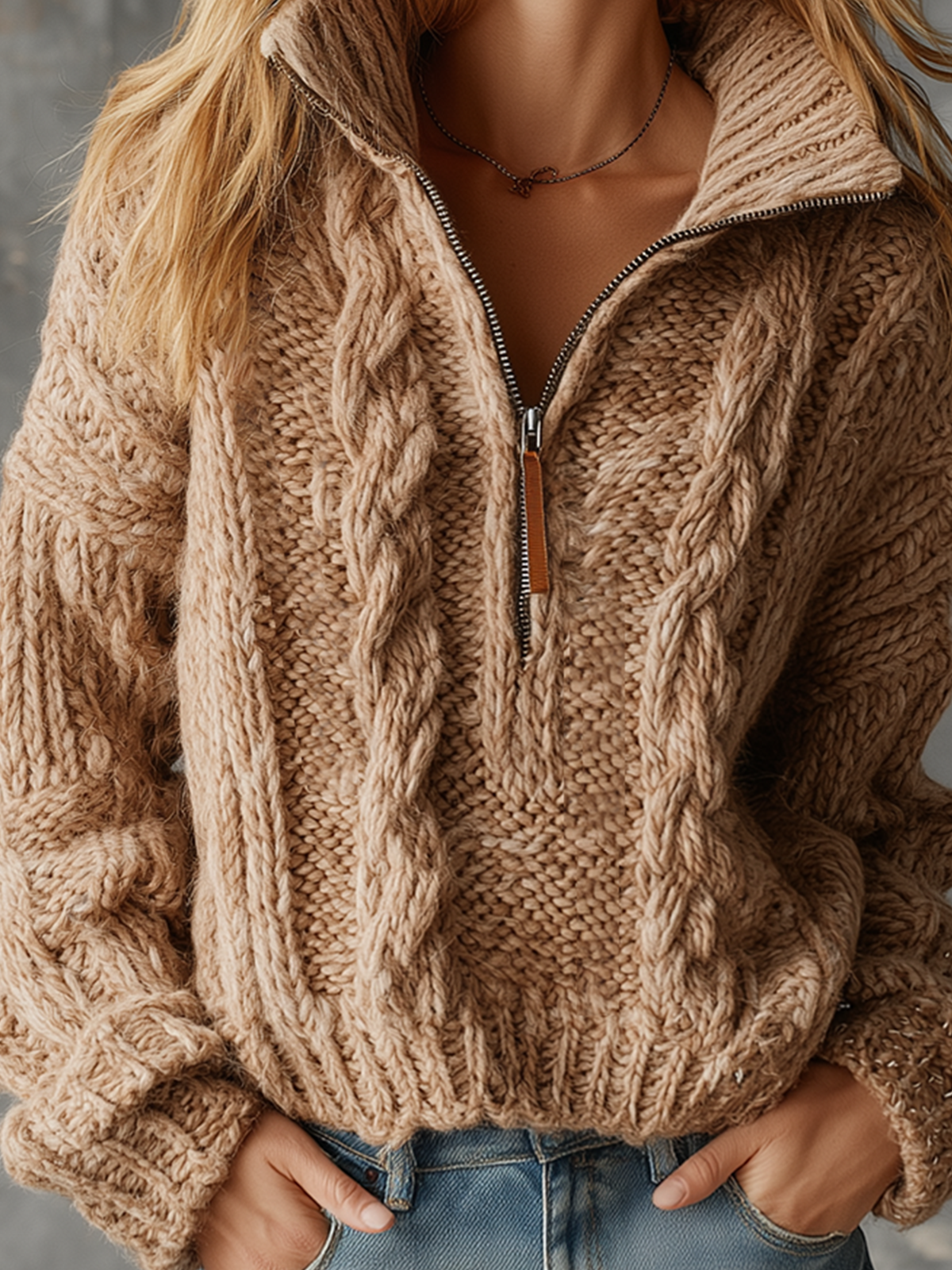 Chic Elegant Camel Zipper-Up Stand Collar Long-Sleeve Loose-Fit Cable Knit Sweater Top
