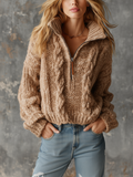 Chic Elegant Camel Zipper-Up Stand Collar Long-Sleeve Loose-Fit Cable Knit Sweater Top