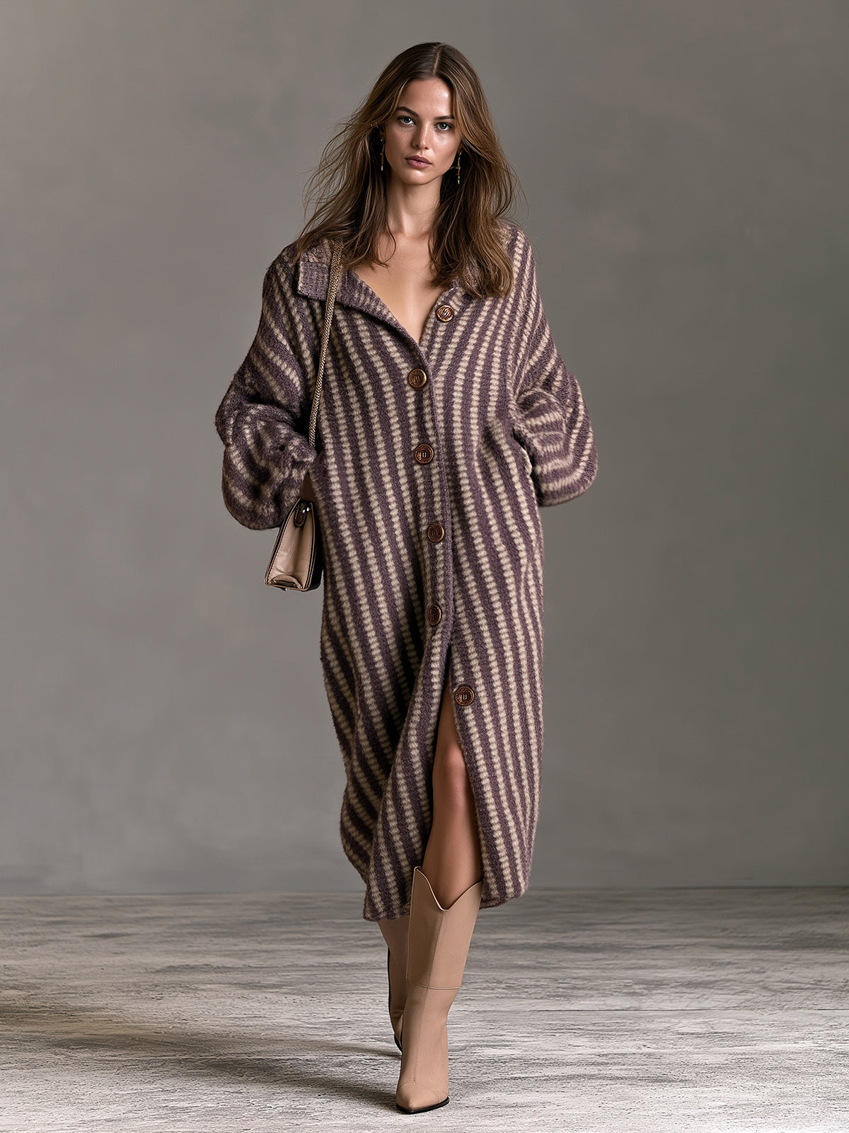 Chic Elegant Purple-Beige Stripes Stand Collar Long-Lantern-Sleeve Single-Breasted Oversize Soft Knit Midi Dress