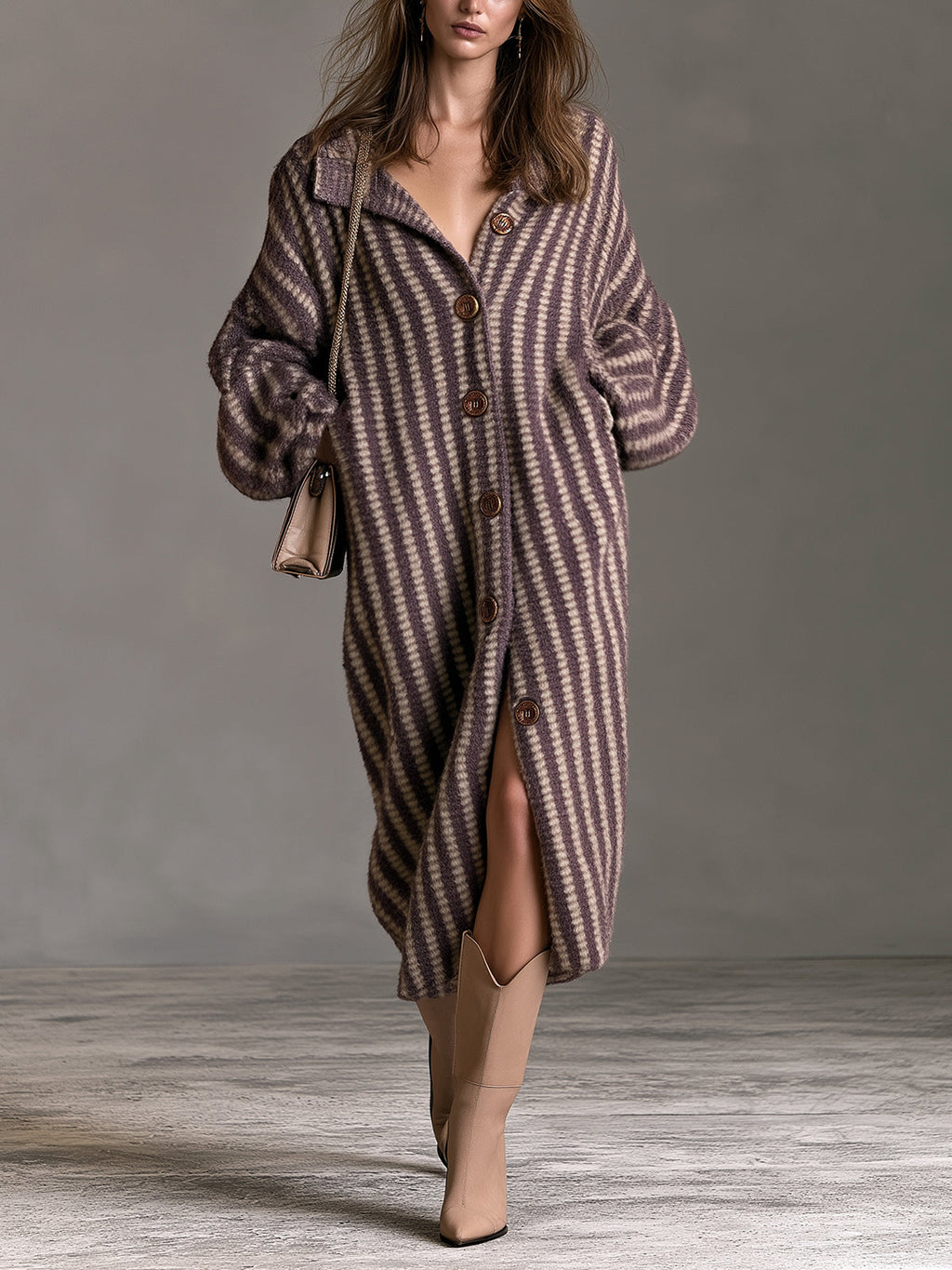 Chic Elegant Purple-Beige Stripes Stand Collar Long-Lantern-Sleeve Single-Breasted Oversize Soft Knit Midi Dress