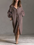 Chic Elegant Purple-Beige Stripes Stand Collar Long-Lantern-Sleeve Single-Breasted Oversize Soft Knit Midi Dress