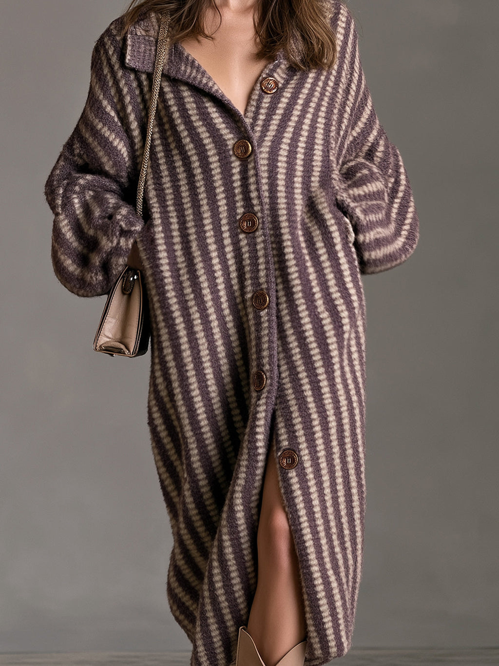 Chic Elegant Purple-Beige Stripes Stand Collar Long-Lantern-Sleeve Single-Breasted Oversize Soft Knit Midi Dress