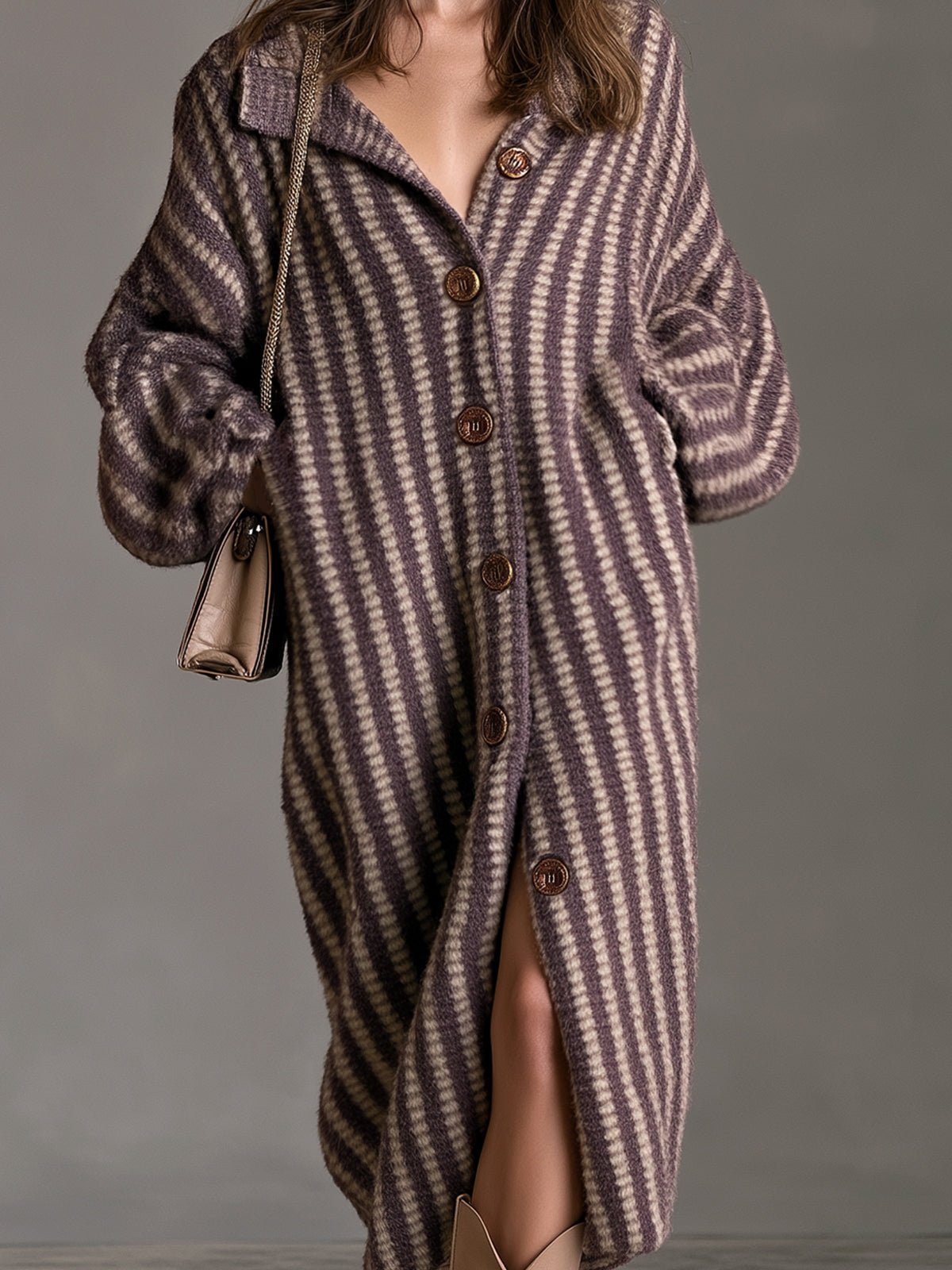 Chic Elegant Purple-Beige Stripes Stand Collar Long-Lantern-Sleeve Single-Breasted Oversize Soft Knit Midi Dress