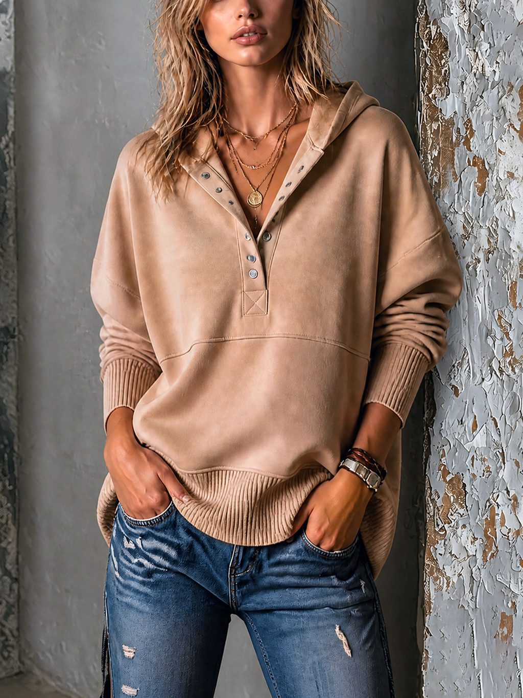 Chic Casual Camel Hooded Half Snap Long Sleeve Loose-Fit French Terry Sweatshirt