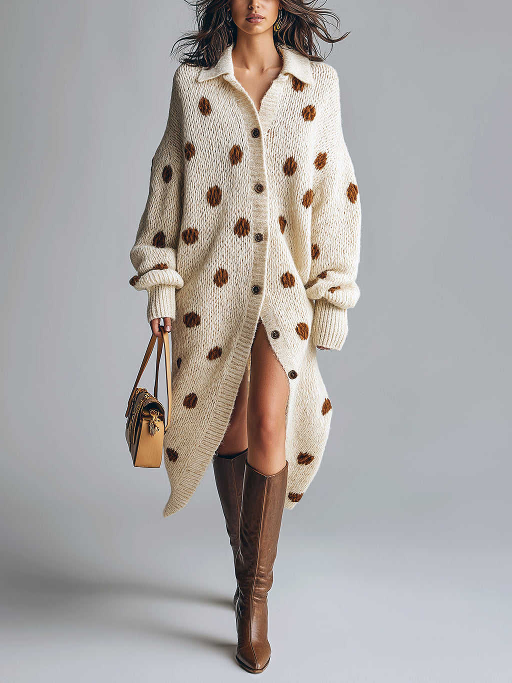 Chic Elegant Beige-Brown Polka Dots Lapel Collar Long-Lantern-Sleeve Single-Breasted Loose-Fit Knit Midi Dress