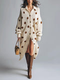 Chic Elegant Beige-Brown Polka Dots Lapel Collar Long-Lantern-Sleeve Single-Breasted Loose-Fit Knit Midi Dress