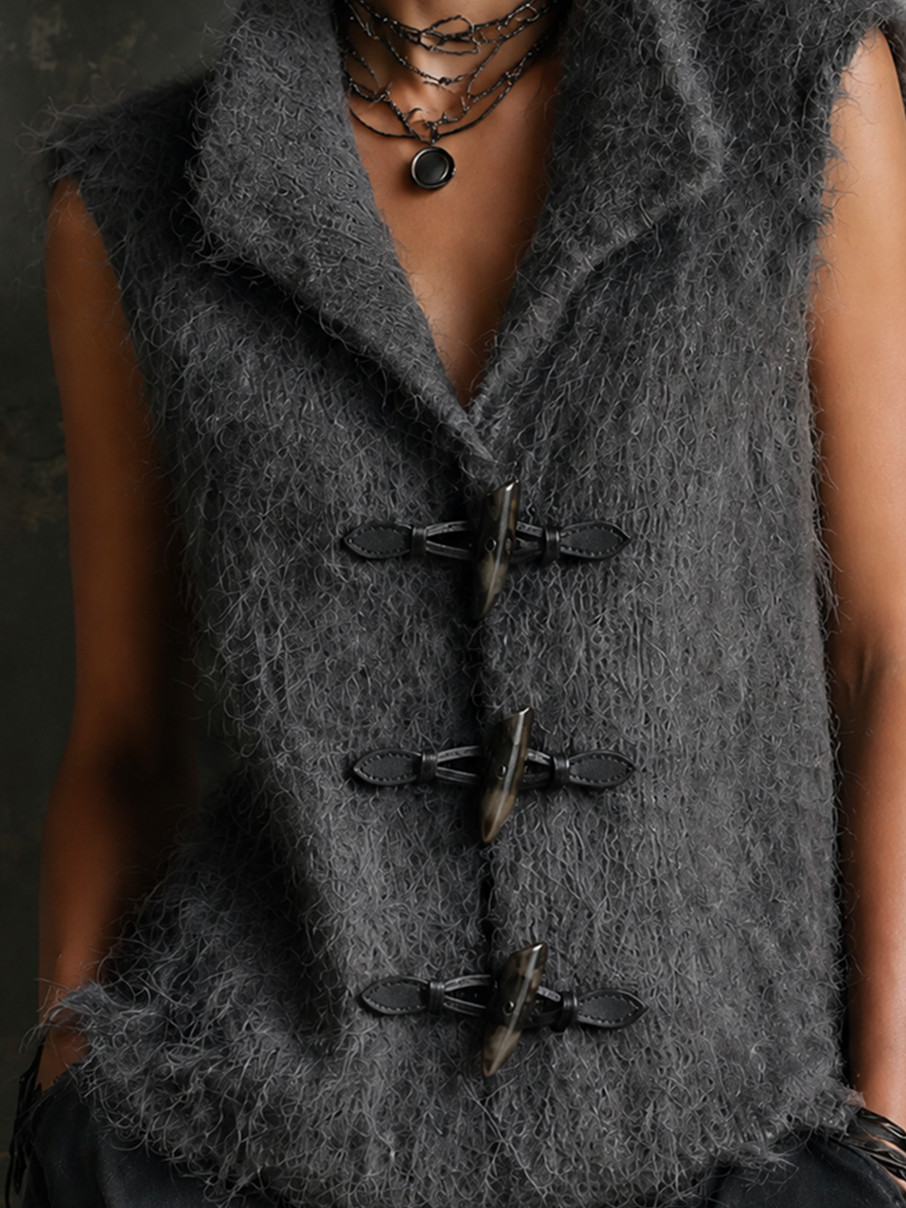 Chic Casual Dark Gray Lapel-Collar Sleeveless Horn Toggle Button Detail Loose-Fit Fuzzy Knit Vest Top