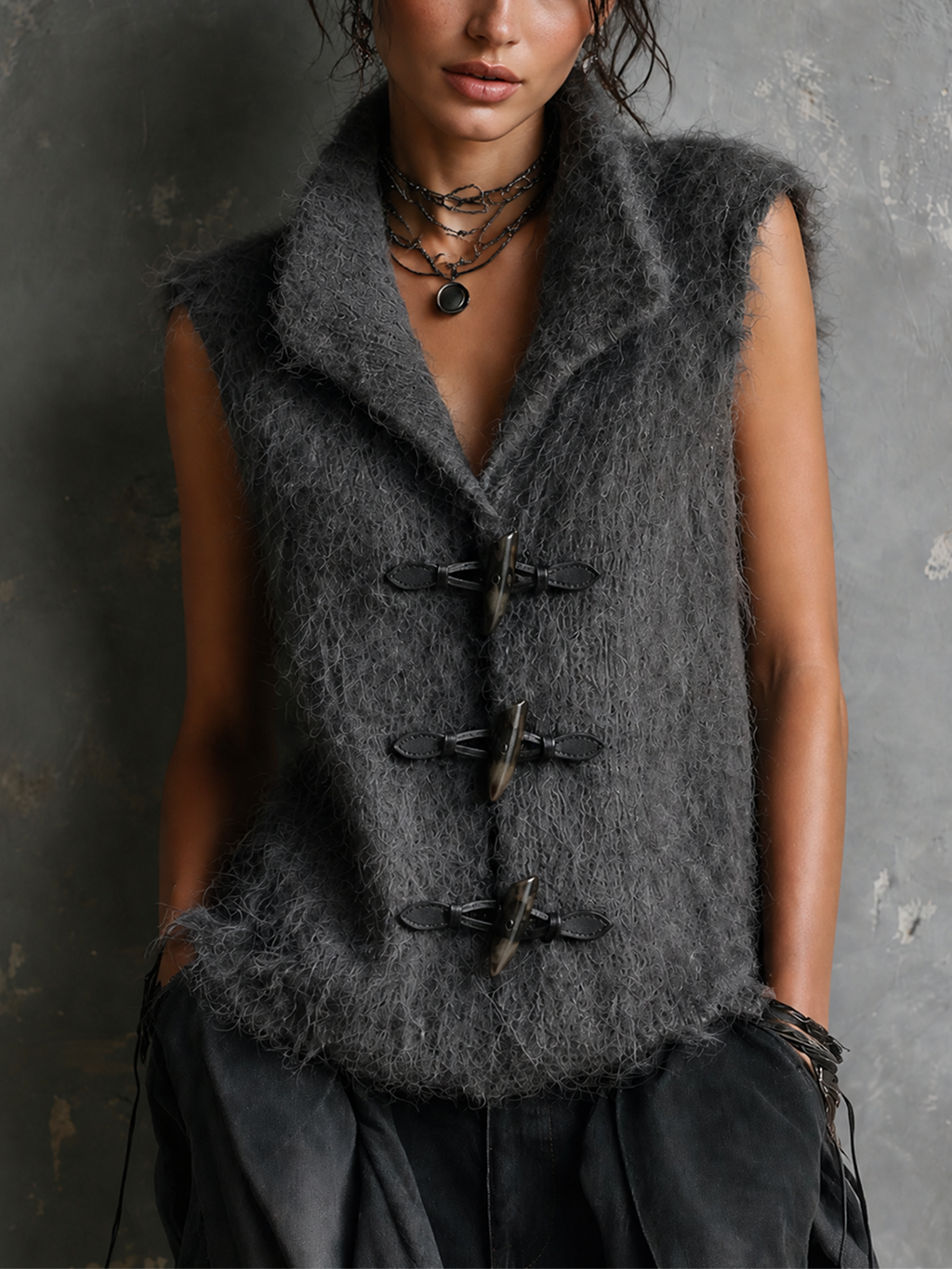 Chic Casual Dark Gray Lapel-Collar Sleeveless Horn Toggle Button Detail Loose-Fit Fuzzy Knit Vest Top