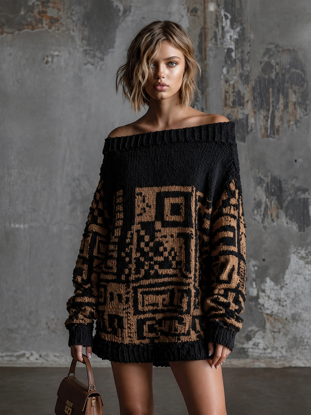 Chic Casual Black-Camel Off Shoulder Dropped Shoulder Long-Sleeve Geometric Jacquard Loose-Fit Knit Mini Dress