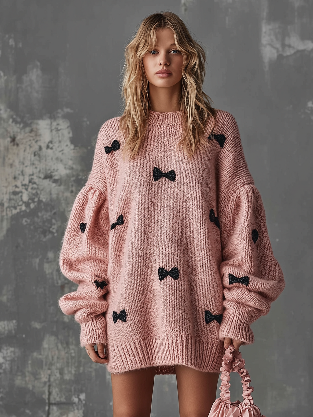 Chic Casual Pink Round-Neck Dropped Shoulder Long-Sleeve Black Bow Detail Loose-Fit Knit Mini Dress