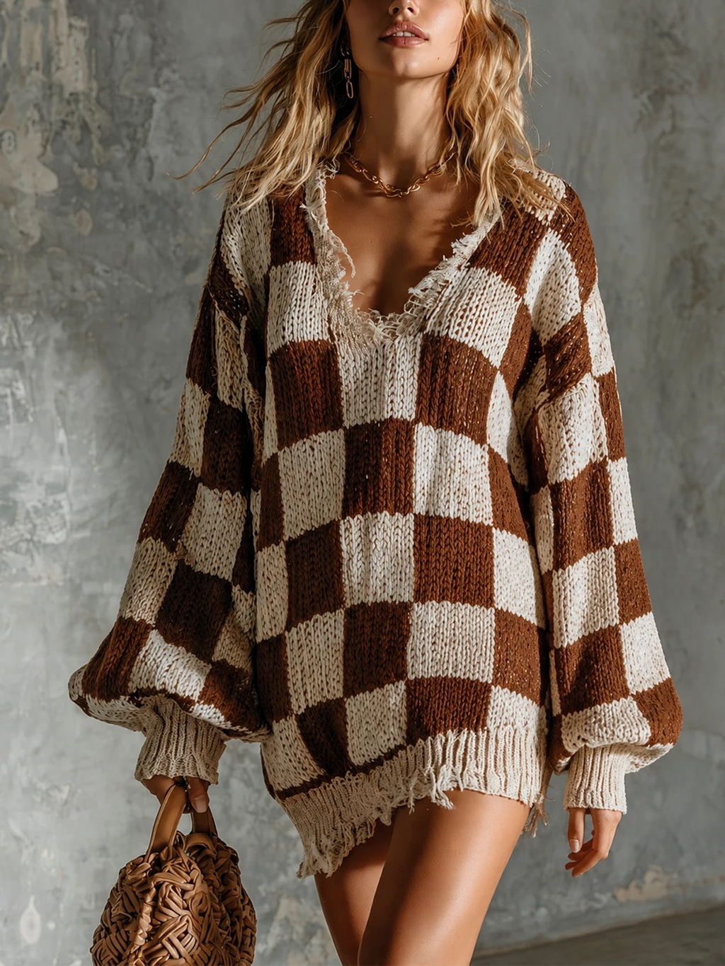 Chic Elegant Brown-Off White Checkerboard Jacquard V-Neck Frayed Raw Edge Long-Sleeve Loose-Fit Knit Mini Dress