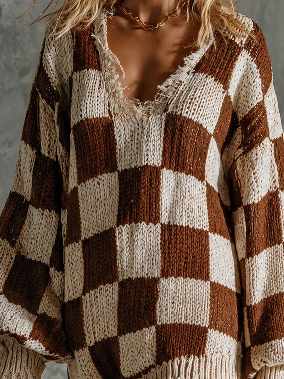 Chic Elegant Brown-Off White Checkerboard Jacquard V-Neck Frayed Raw Edge Long-Sleeve Loose-Fit Knit Mini Dress