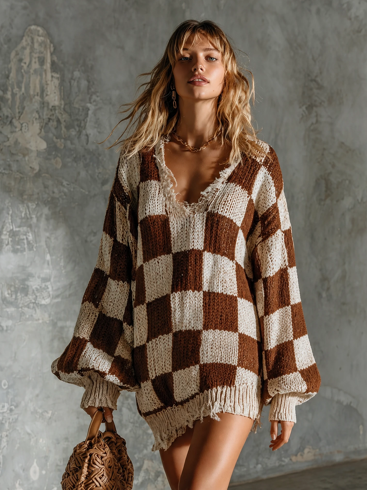 Chic Elegant Brown-Off White Checkerboard Jacquard V-Neck Frayed Raw Edge Long-Sleeve Loose-Fit Knit Mini Dress