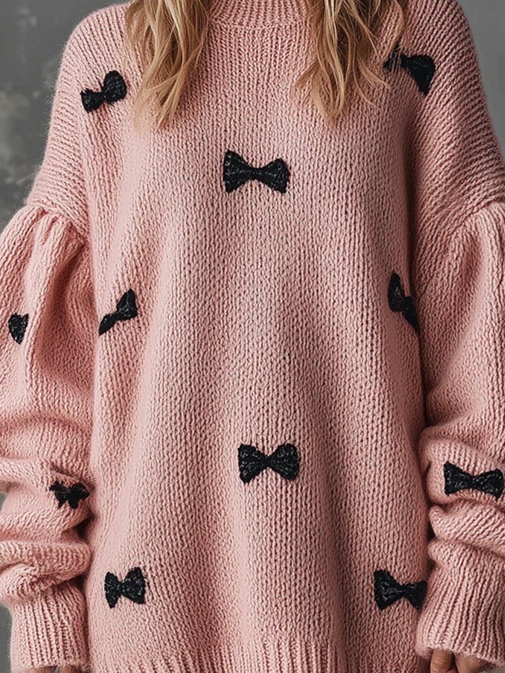 Chic Casual Pink Round-Neck Dropped Shoulder Long-Sleeve Black Bow Detail Loose-Fit Knit Mini Dress