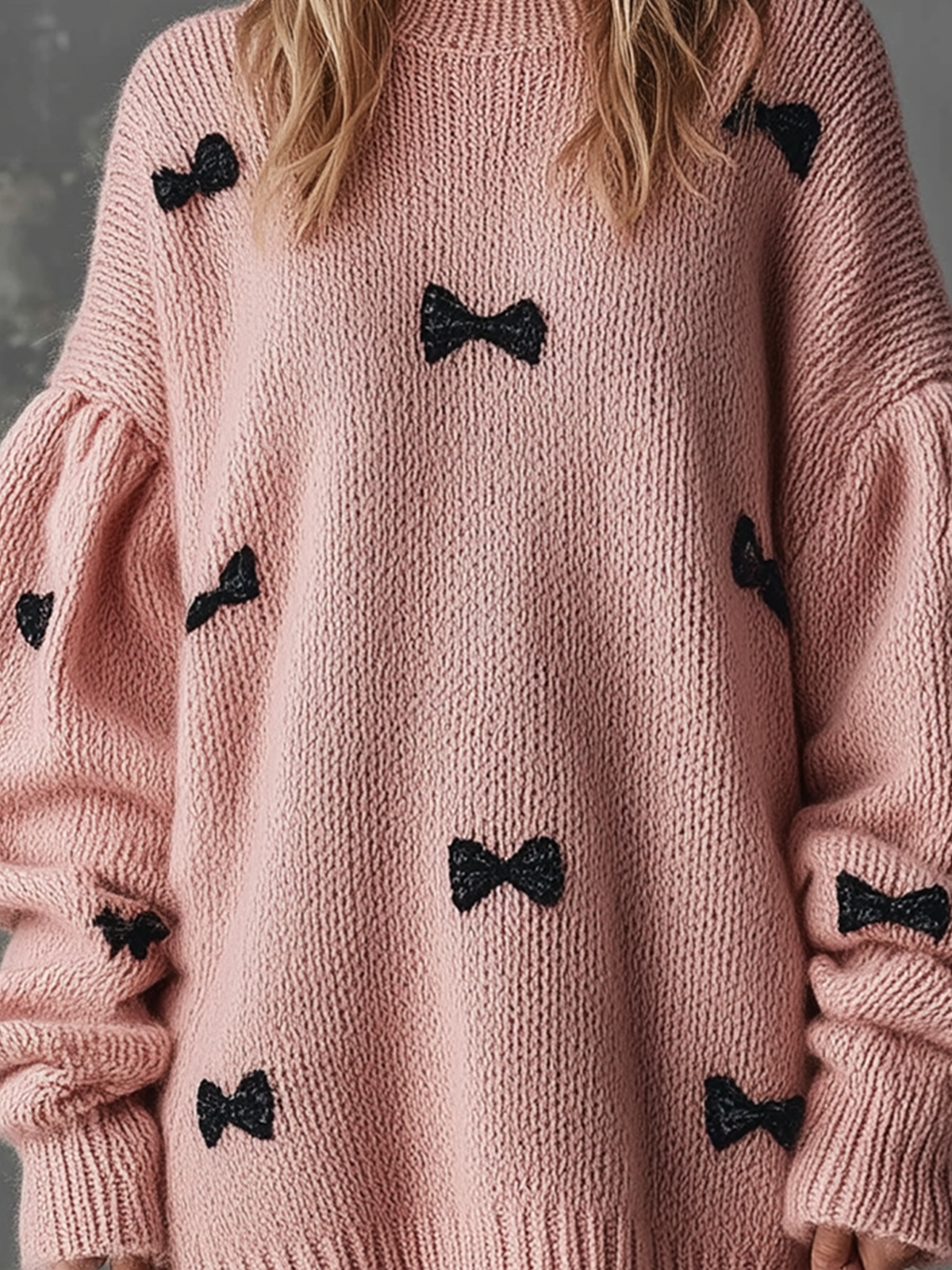 Chic Casual Pink Round-Neck Dropped Shoulder Long-Sleeve Black Bow Detail Loose-Fit Knit Mini Dress