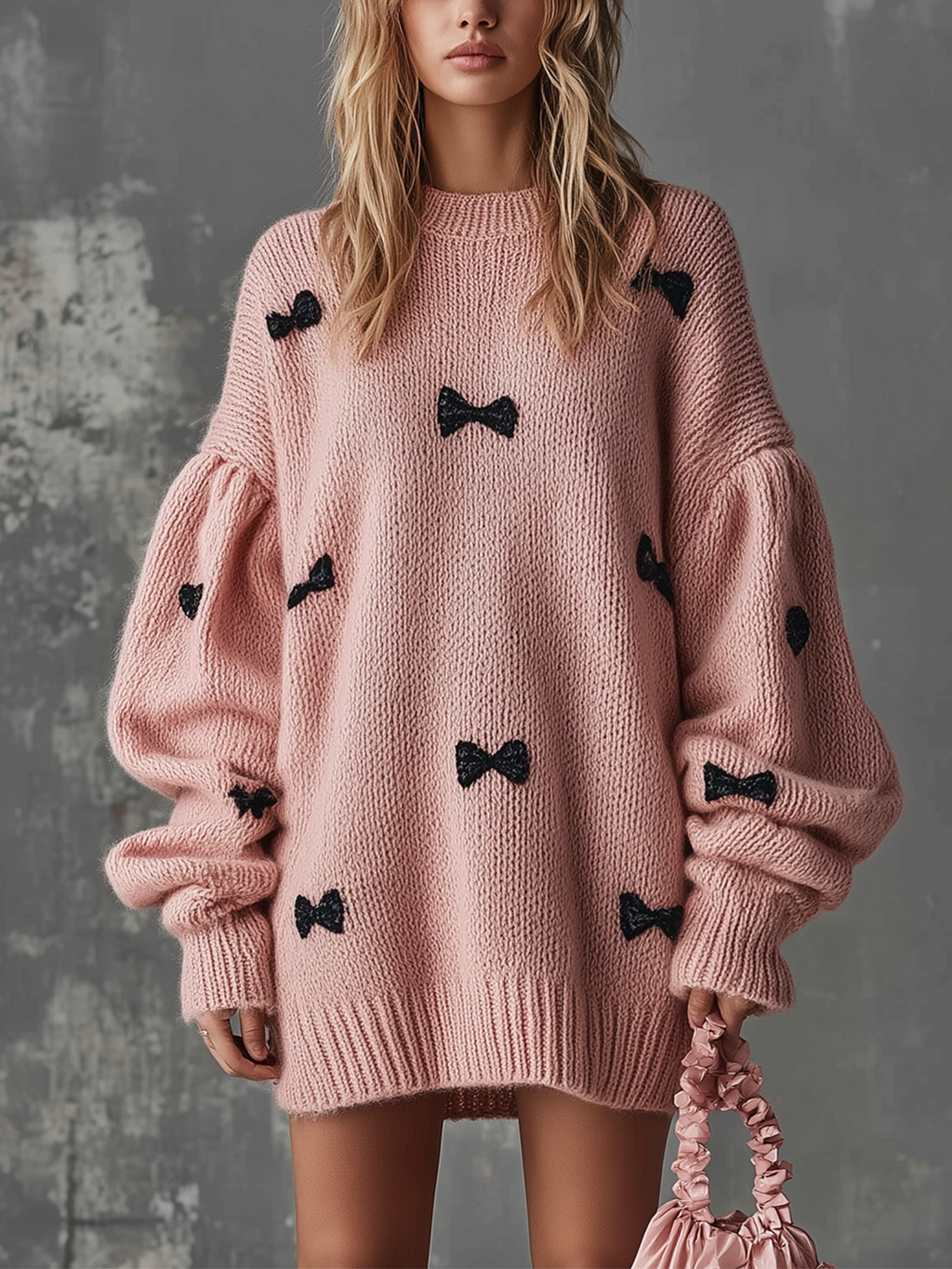 Chic Casual Pink Round-Neck Dropped Shoulder Long-Sleeve Black Bow Detail Loose-Fit Knit Mini Dress