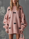 Chic Casual Pink Round-Neck Dropped Shoulder Long-Sleeve Black Bow Detail Loose-Fit Knit Mini Dress