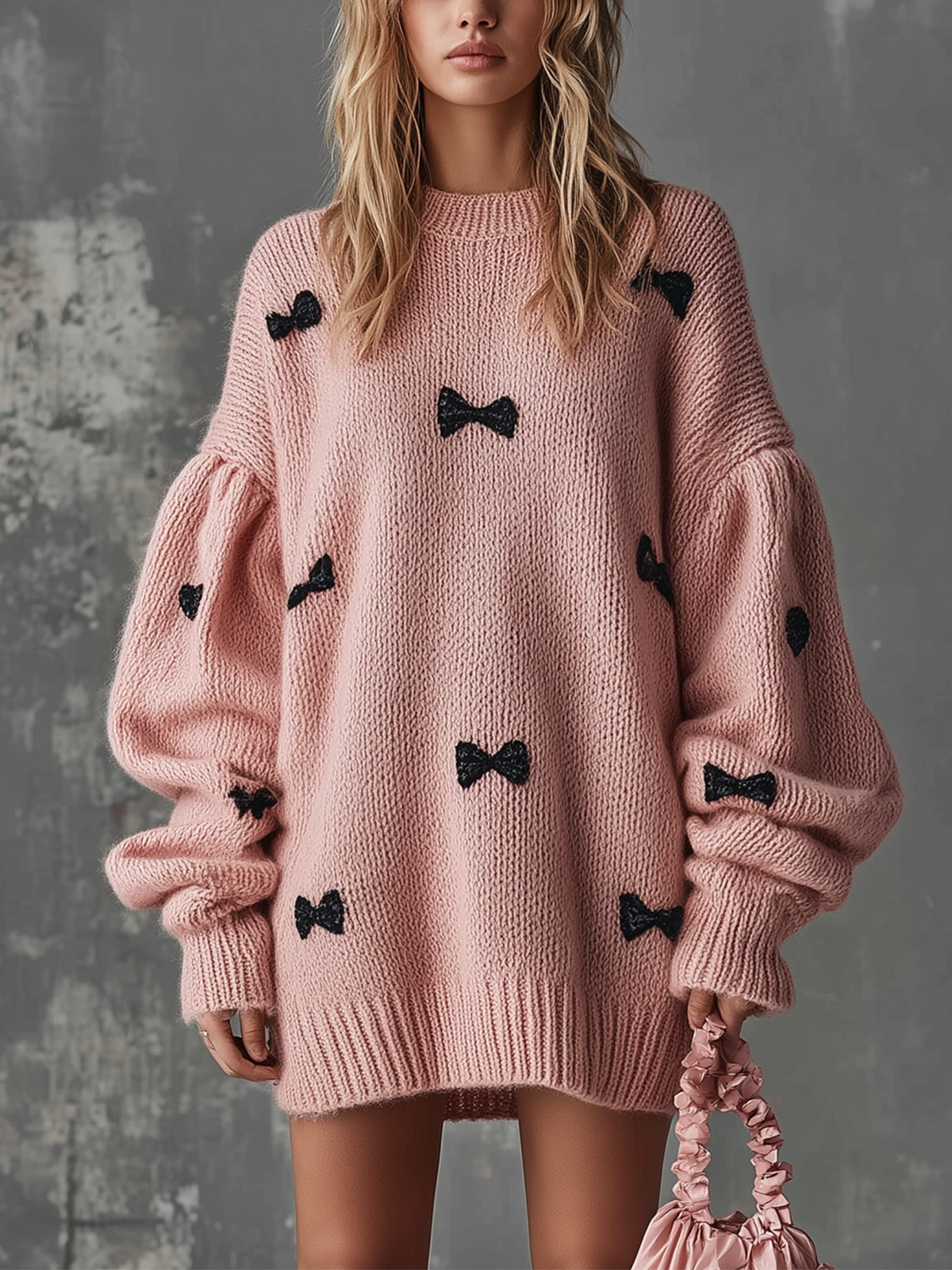 Chic Casual Pink Round-Neck Dropped Shoulder Long-Sleeve Black Bow Detail Loose-Fit Knit Mini Dress