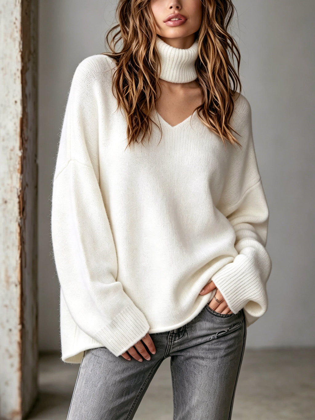 Chic Elegant Cream White V-Neck Dropped Shoulder Long-Sleeve Neck Gaiter Loose-Fit Knit Sweater