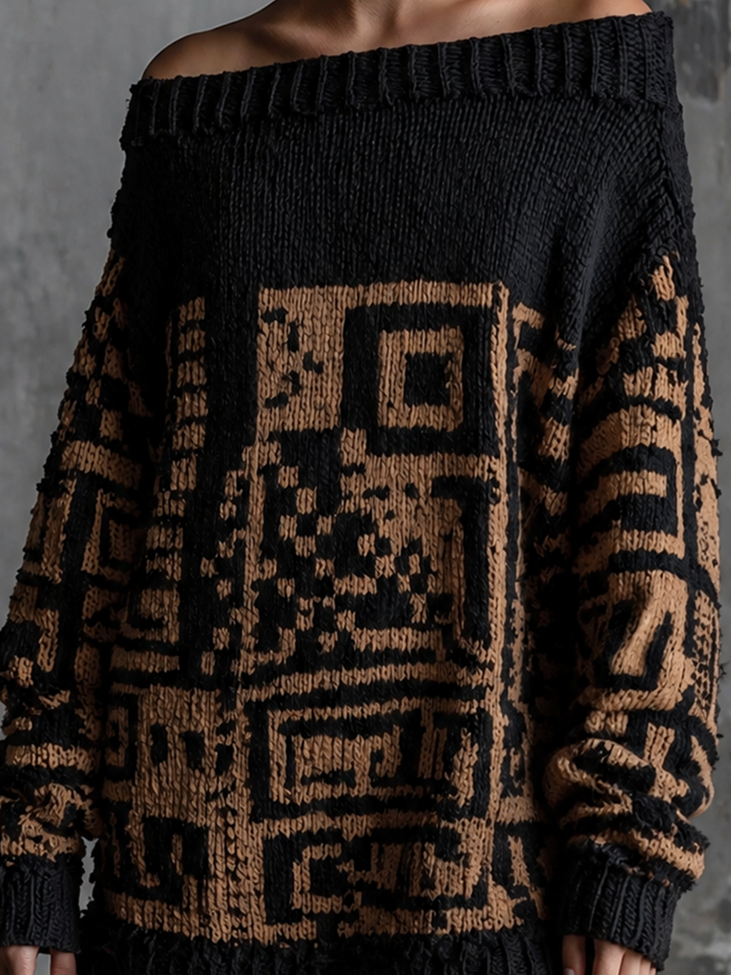 Chic Casual Black-Camel Off Shoulder Dropped Shoulder Long-Sleeve Geometric Jacquard Loose-Fit Knit Mini Dress