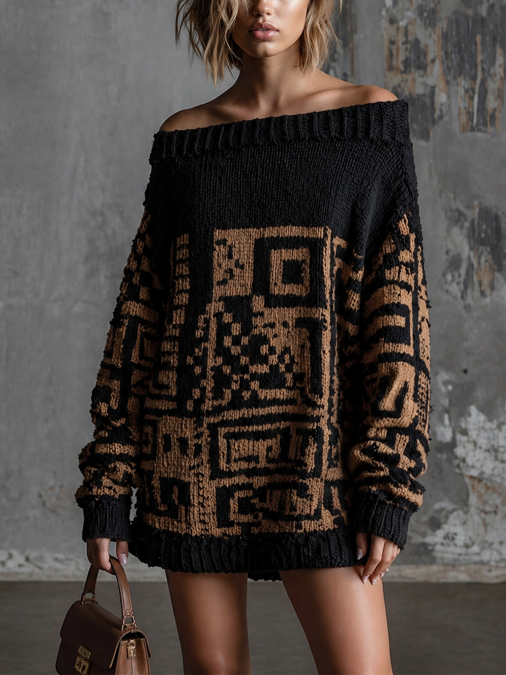 Chic Casual Black-Camel Off Shoulder Dropped Shoulder Long-Sleeve Geometric Jacquard Loose-Fit Knit Mini Dress