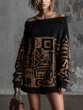 Chic Casual Black-Camel Off Shoulder Dropped Shoulder Long-Sleeve Geometric Jacquard Loose-Fit Knit Mini Dress