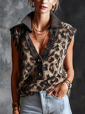 Chic Elegant Coffee-Camel Colorblock Leopard Jacquard Button-Up Lapel Collar Sleeveless Loose-Fit Knit Vest Top