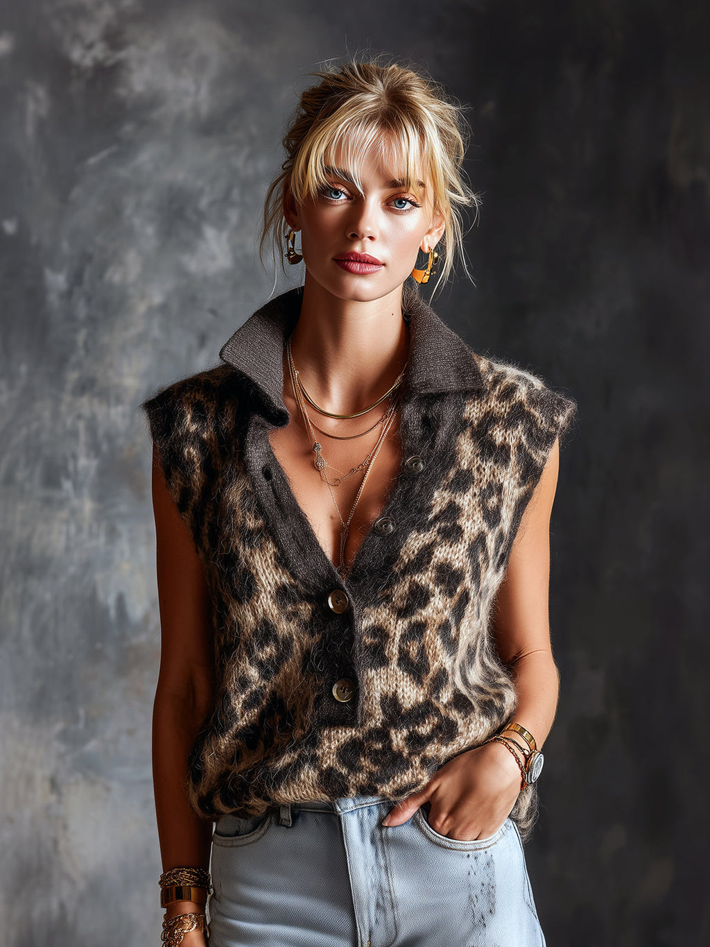 Chic Elegant Coffee-Camel Colorblock Leopard Jacquard Button-Up Lapel Collar Sleeveless Loose-Fit Knit Vest Top