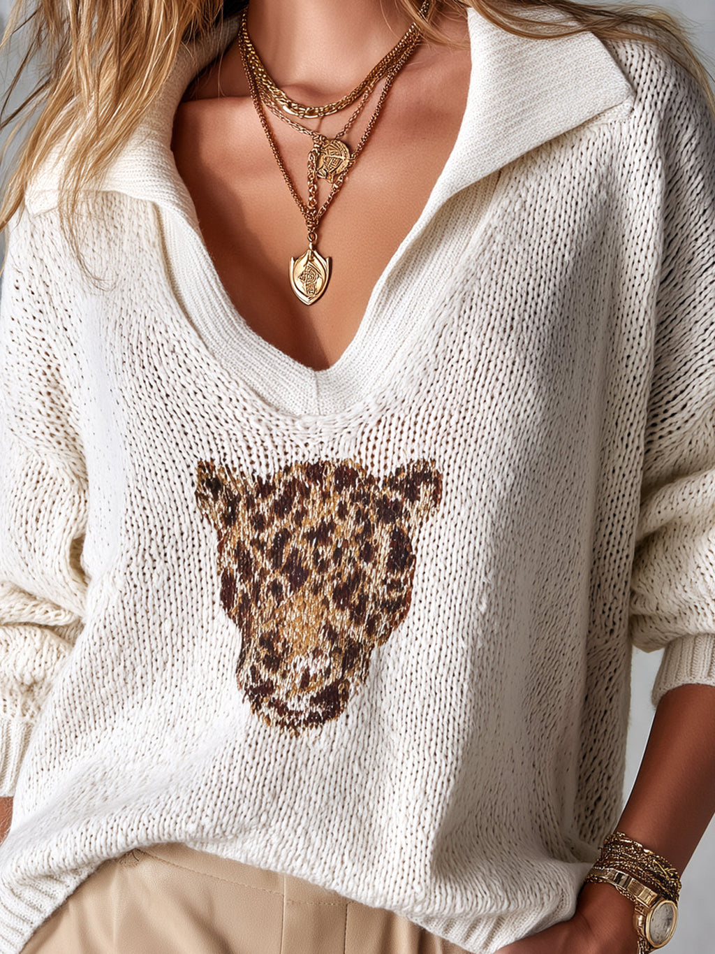Chic Elegant Cream White-Brown Leopard Pattern Lapel V-Neck Dropped Shoulder Long-Sleeve Loose-Fit Knit Sweater