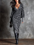Chic Elegant Gray-Black Colorblock Leopard Jacquard V-Neck Dropped Shoulder Long-Lantern-Sleeve Slim-Fit Knit Midi Dress